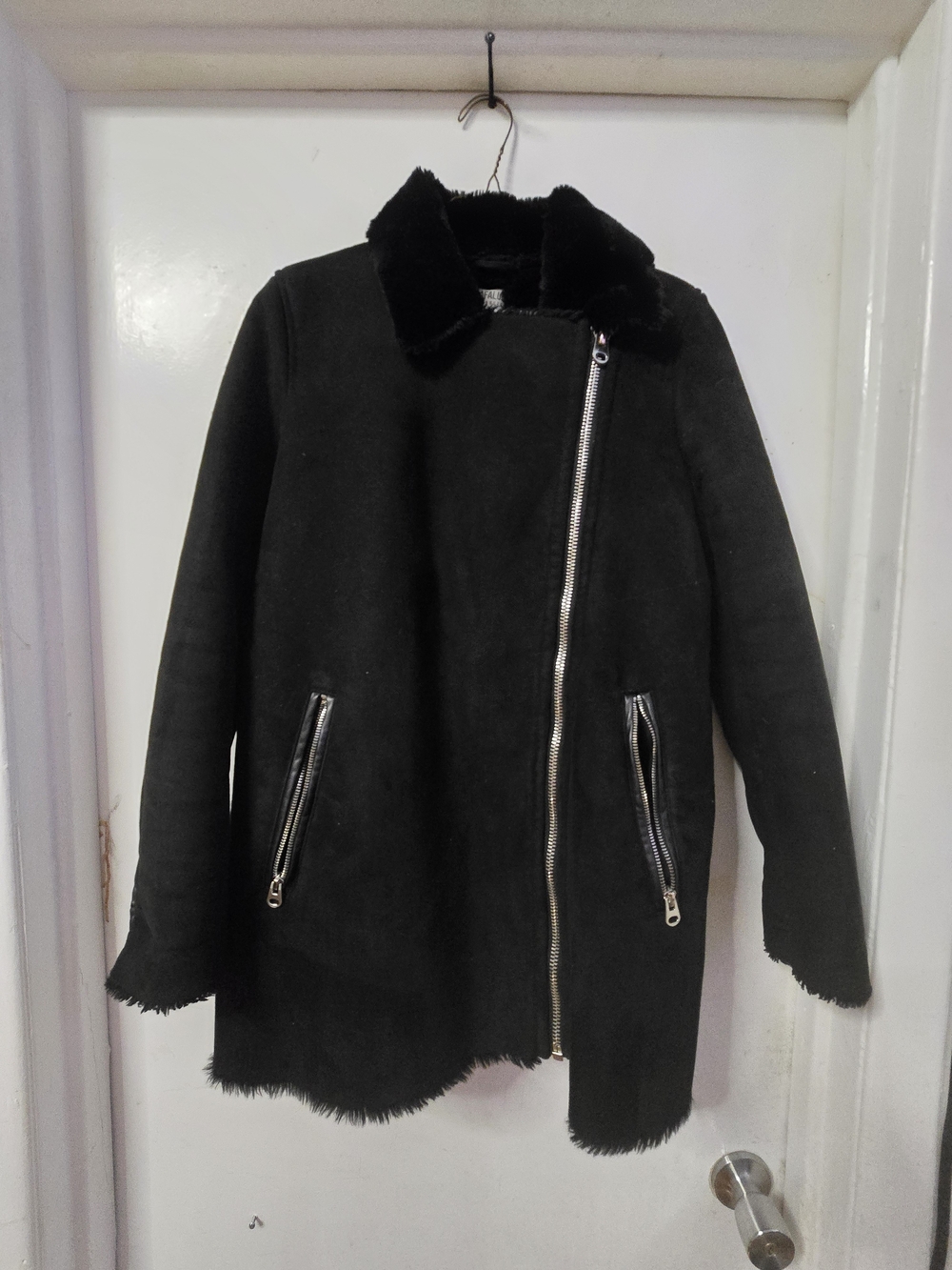 Zara Black Faux Shearling Asymmetric Zip Jacket